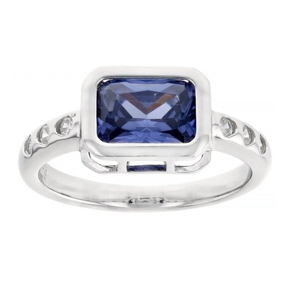 NIB JTV Blue & White Cubic Zirconia Ring Rhodium Over Sterling Silver - Size 9 - Picture 1 of 9